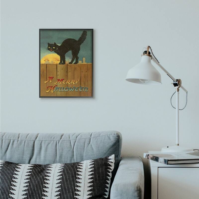 Stupell A Merry Halloween Black Cat Fence Seasonal Holiday Design Framed Wall Art