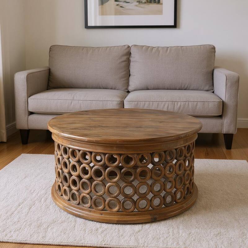 HomeRoots 39" Brown Solid Wood Round Distressed Drum Coffee Table - 39.00 in. x 18.00 in. x 39.00 in. - Brown