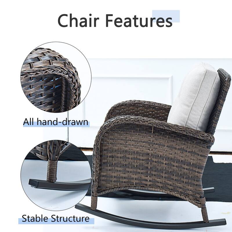 PlainCurve 3-Piece Wicker Outdoor Patio Conversation Set with Rocking Chairs and Olefin Cushions