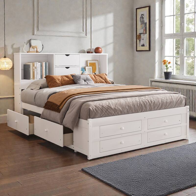 Platform Bed with Headboard Storage and 8 Drawers, Wood Bed Frame with Shelves and No Box Spring Needed