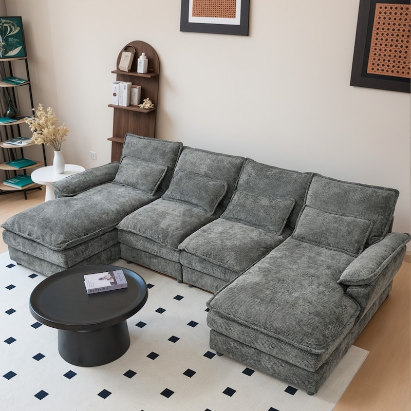110.24" Modular Double Chaise Lounge Sectional Sofa with Waist Pillows - Grey