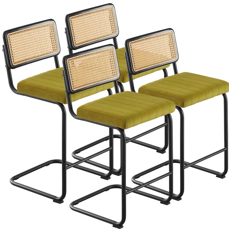 Velvet Upholstered Rattan Counter/Bar Stools, Set of 2/3 - Set of 4 - 26"Black Legs-Olive Green