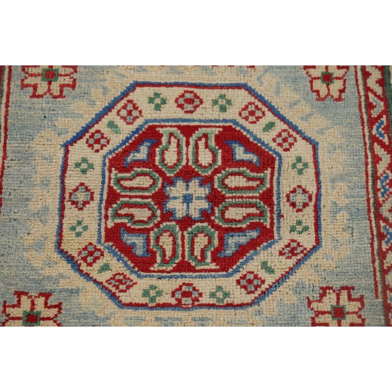Light Blue Kazak Runner Rug Hand-Knotted Oriental Foyer Wool Carpet - 2'8" x 16'0"