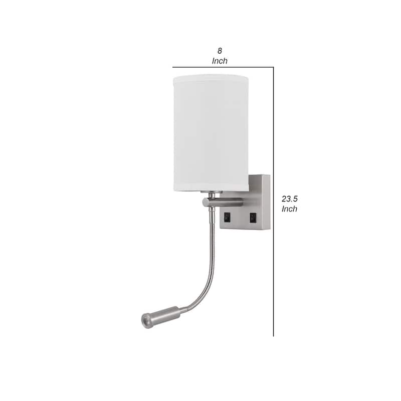 Liam 25 Inch Modern Wall Lamp, Hardback Fabric Shade, 1 LED, Metal, Silver