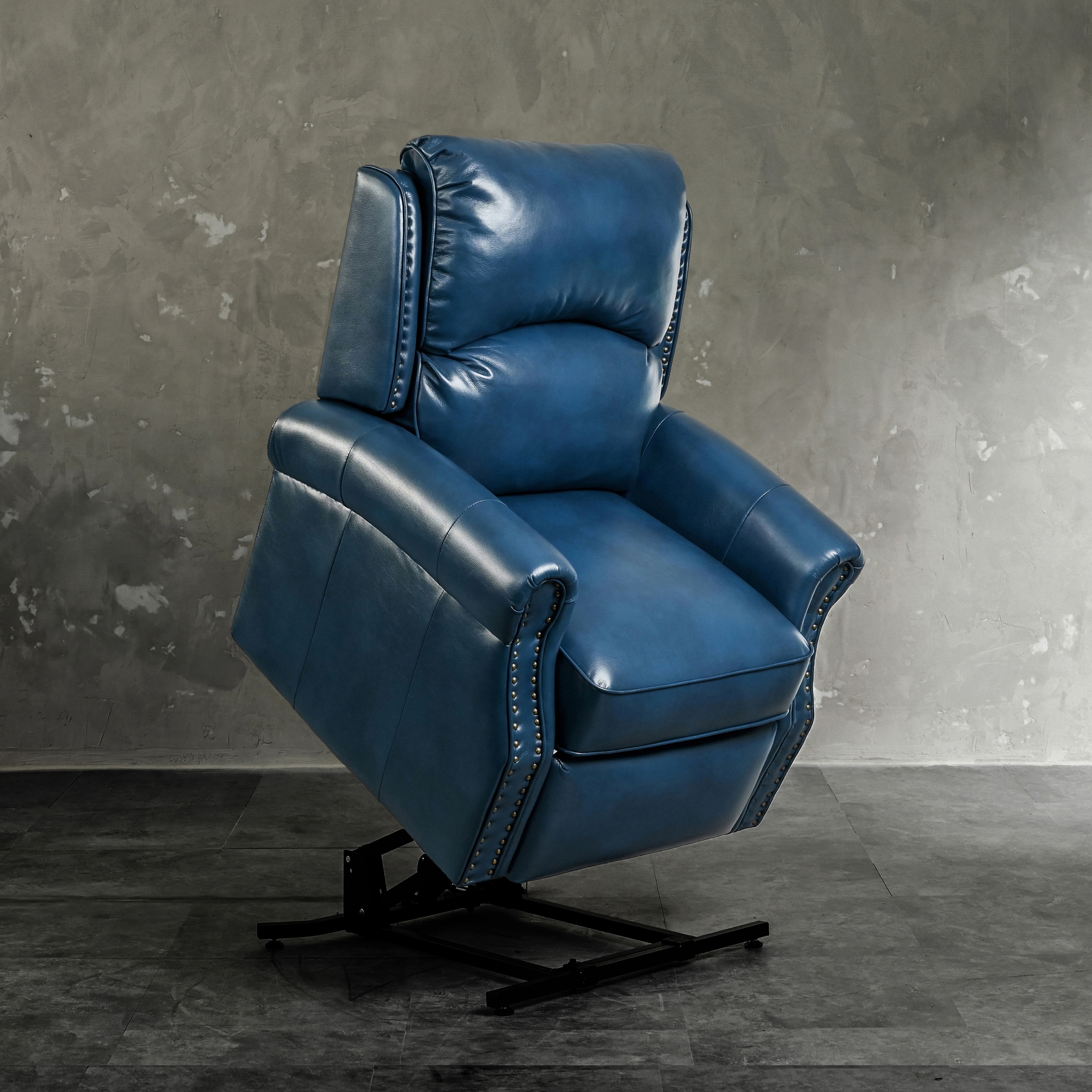 Navy Blue Bonded Leather Zero G Position Power Lift Chair Recliner with Nailheads Decoration