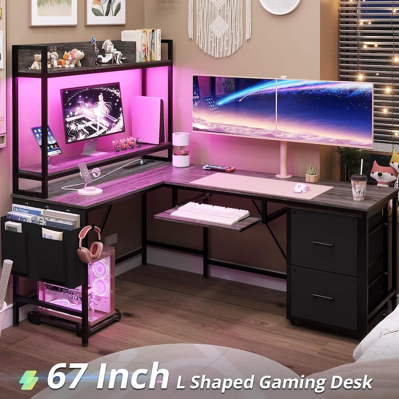 Reversible L Shaped Gaming Desk Power Outlet LED Light - 67in - Grey