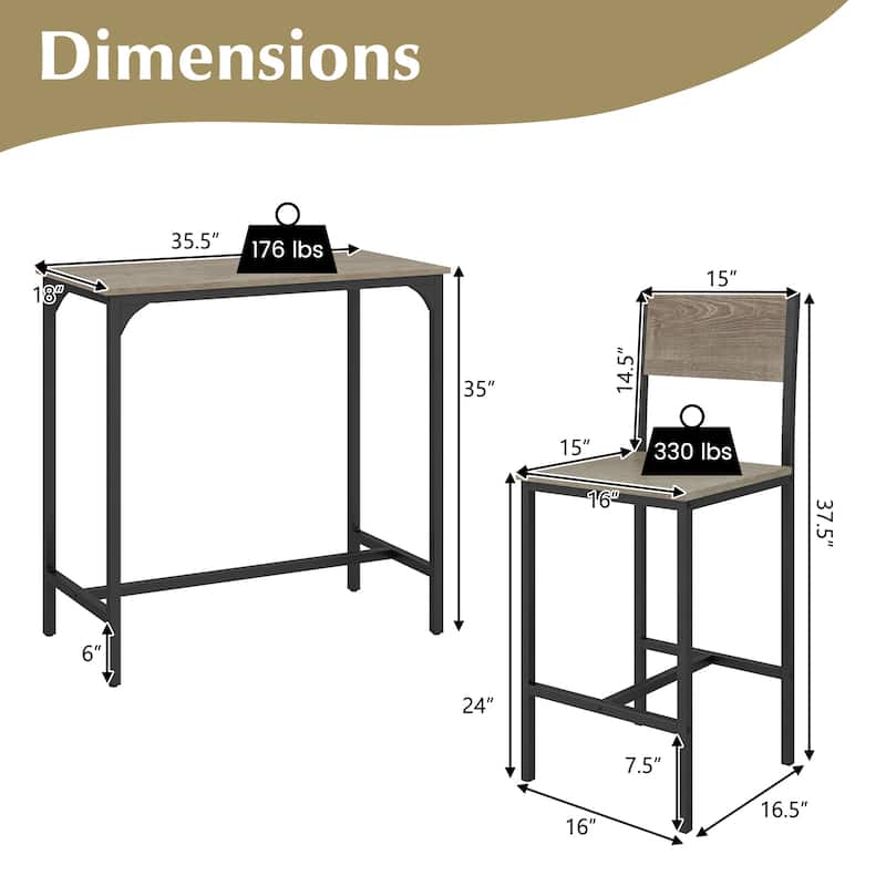 3 Pcs Bar Table Set with Chairs Backrest Footrest for Small Dining Space - 35.5" x 18" x 35"