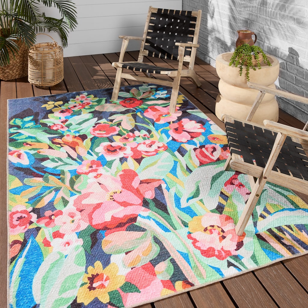 Lavatera Machine Washable Indoor/Outdoor Floral Area Rug.
