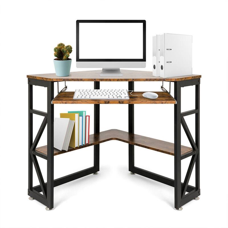 L-Shaped Corner Desk Computer Table with Shelves Brown