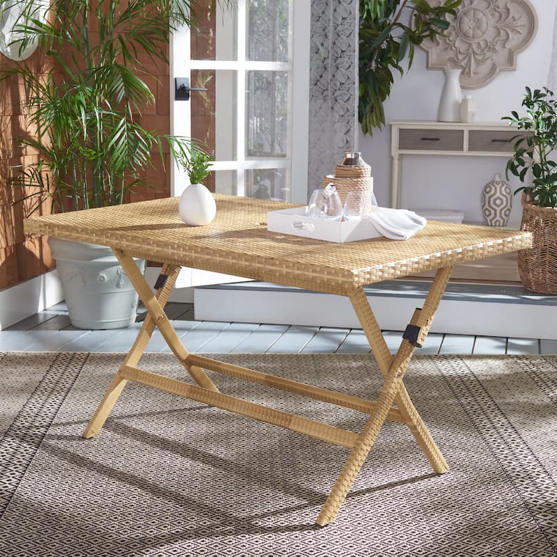 SAFAVIEH Outdoor Kadence Folding Table with Umbrella Hole - 55Wx31Dx28H - Natural/White