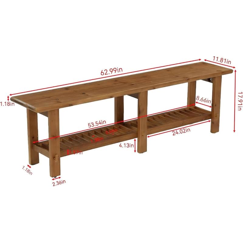 63" Solid Wood Entryway Shoe Bench, Bed End Bench with Storage Shelf
