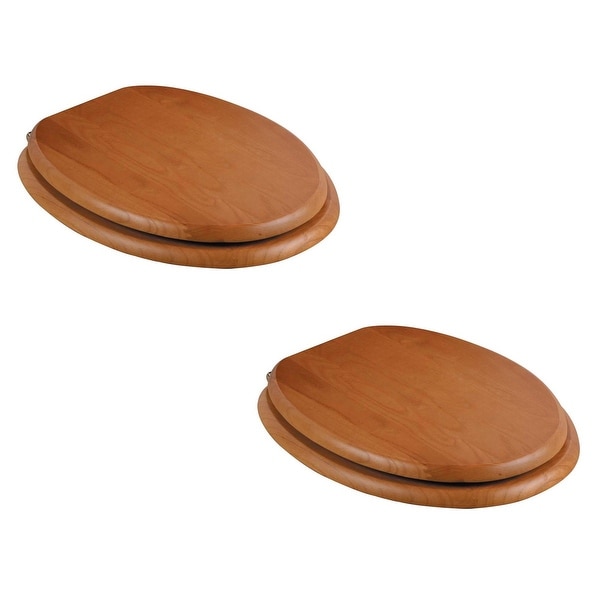 Elongated Toilet Seat Solid Wood Golden Oak Brass PVD Hinge Set of 2