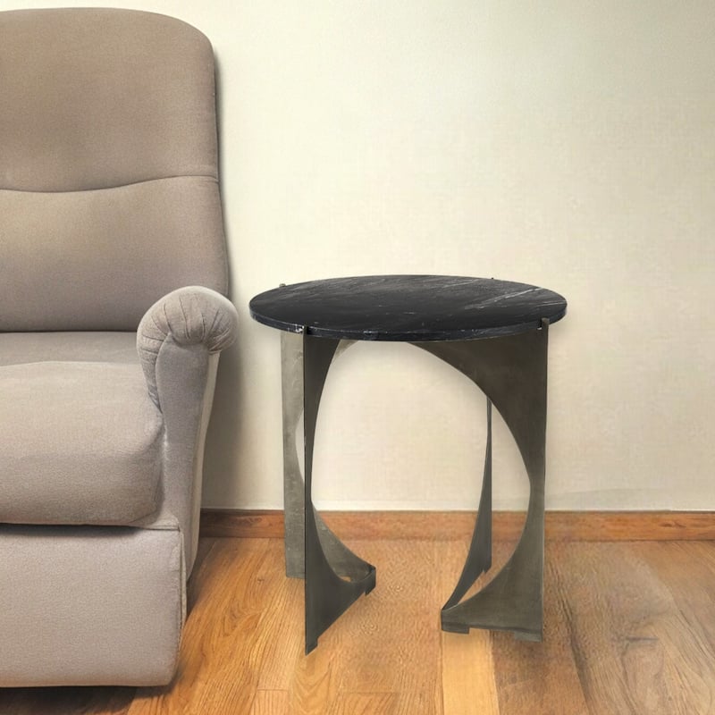 20 Inch Black Marble Round End Table for Living Room - 13" x 13" x 20.25"