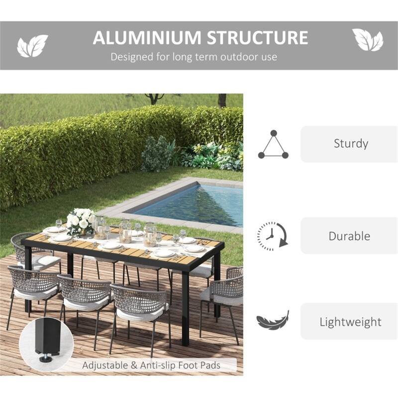 8-Person Patio Dining Table with Wood-Like Surface and Lightweight Aluminum Frame For Outdoor Gathering