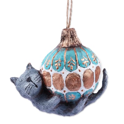 Novica Handmade Feline Sphere Papier Mache Ornament
