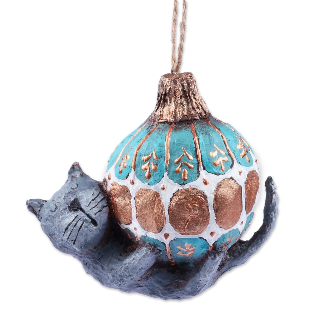 Novica Handmade Feline Sphere Papier Mache Ornament