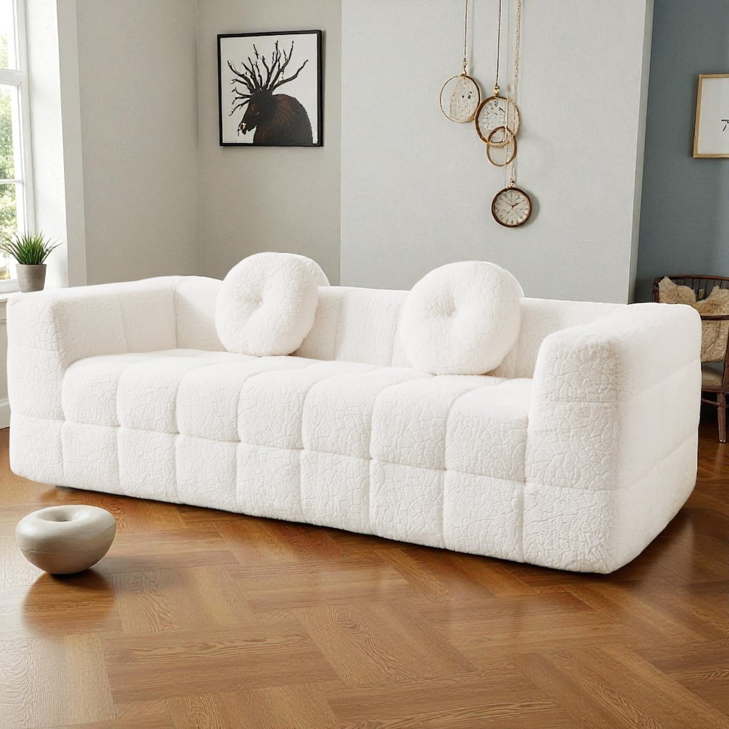 84.6" Modern Boneless Cloud Sofa, Lychee-Textured Long-Pile Polyester 3-Seater Couch with Checkered Design and Round Pillows