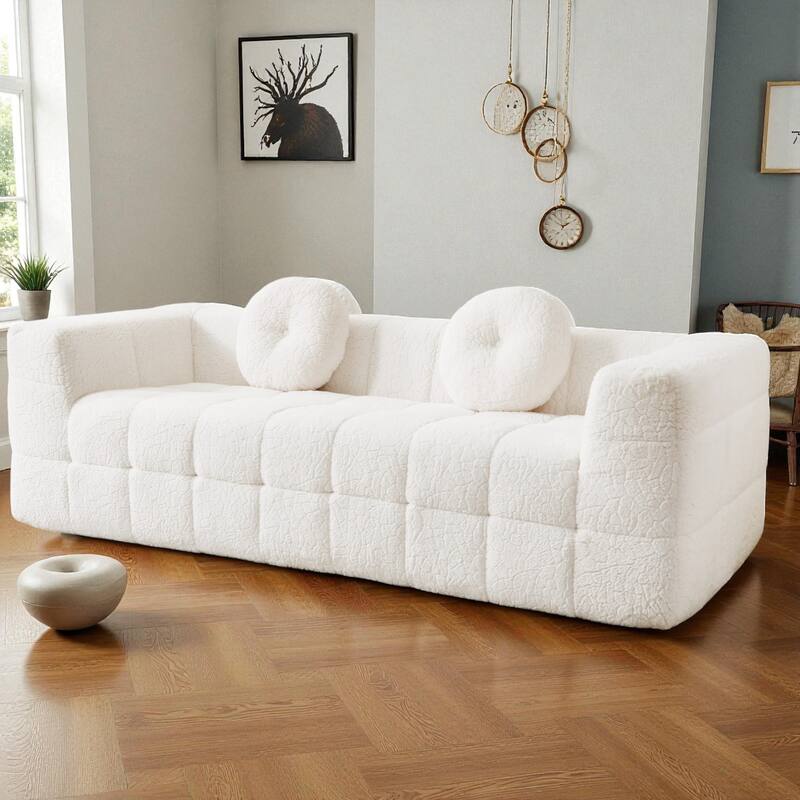 84.6" Modern Boneless Cloud Sofa, Lychee-Textured Long-Pile Polyester 3-Seater Couch with Checkered Design and Round Pillows - Beige