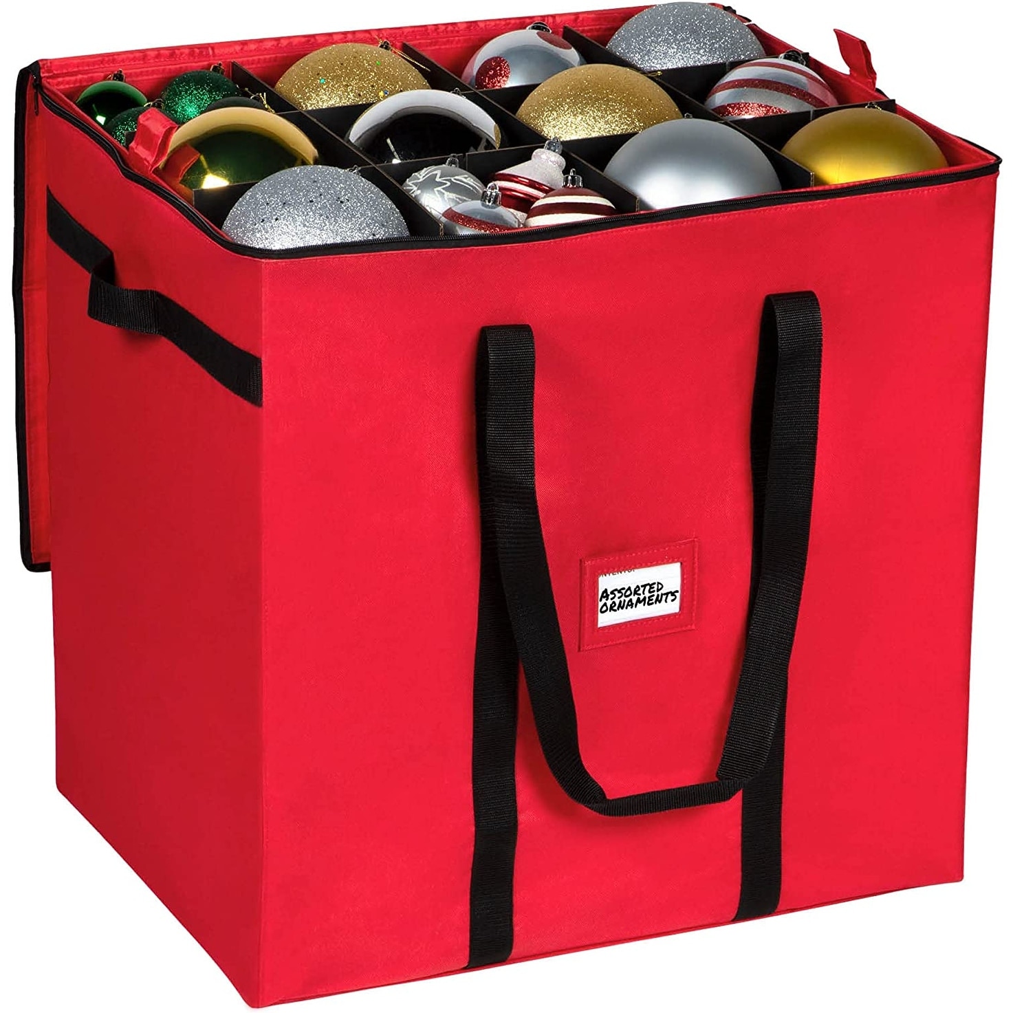 Christmas Ornament Storage Container - Heavy Duty 600D Tear Resistant Material, Zippered, Adjustable Dividers