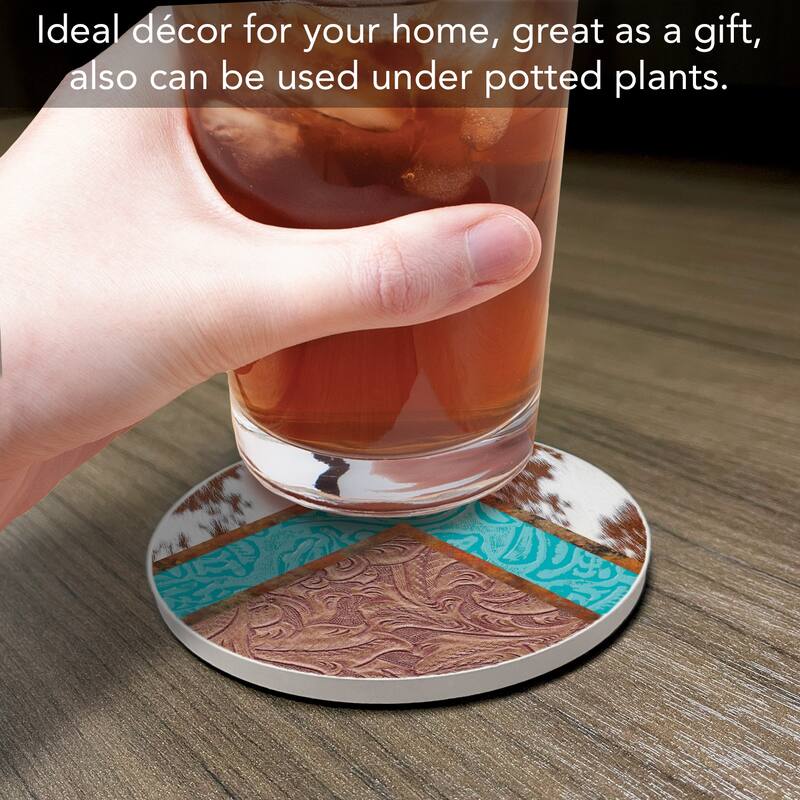 Cow Hide 4 Pack Absorbent Stone Coaster with Protective Cork Backing Made in The USA 4" Round, Easily Wipes Clean
