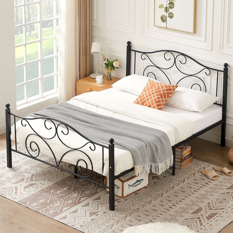 VECELO Metal Platform Bed Frame with Scroll Headboard, Twin/Full/Queen Size Beds - Black - Full