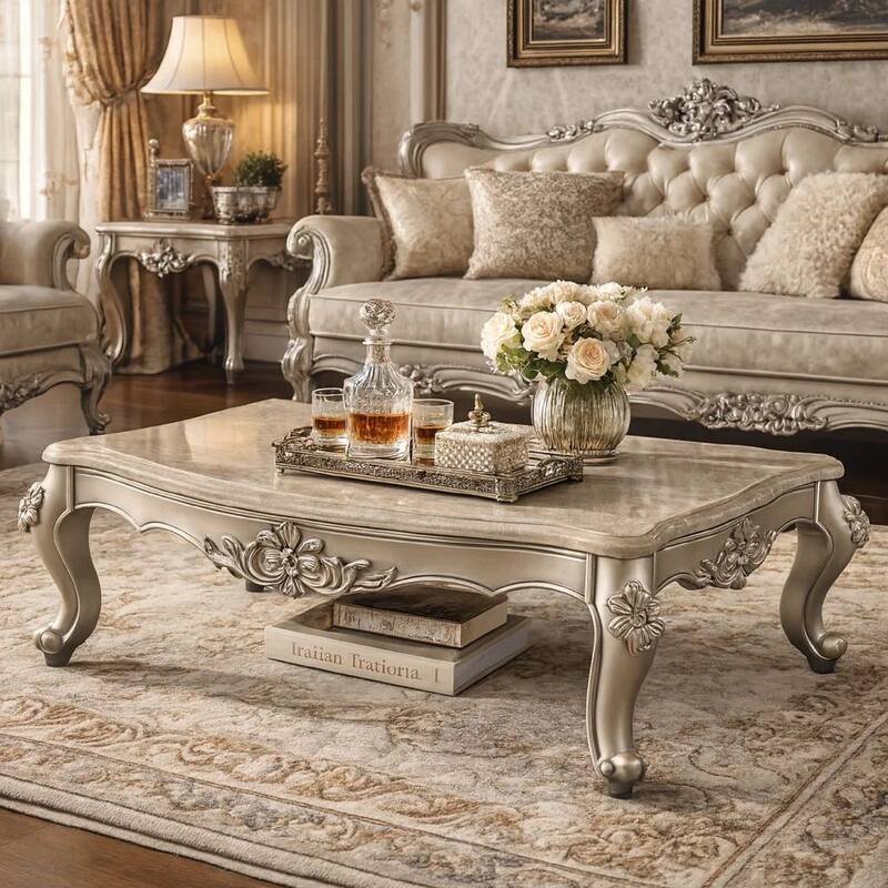 Traditional Style Rectangular Wood and Marble Coffee Table, Silver