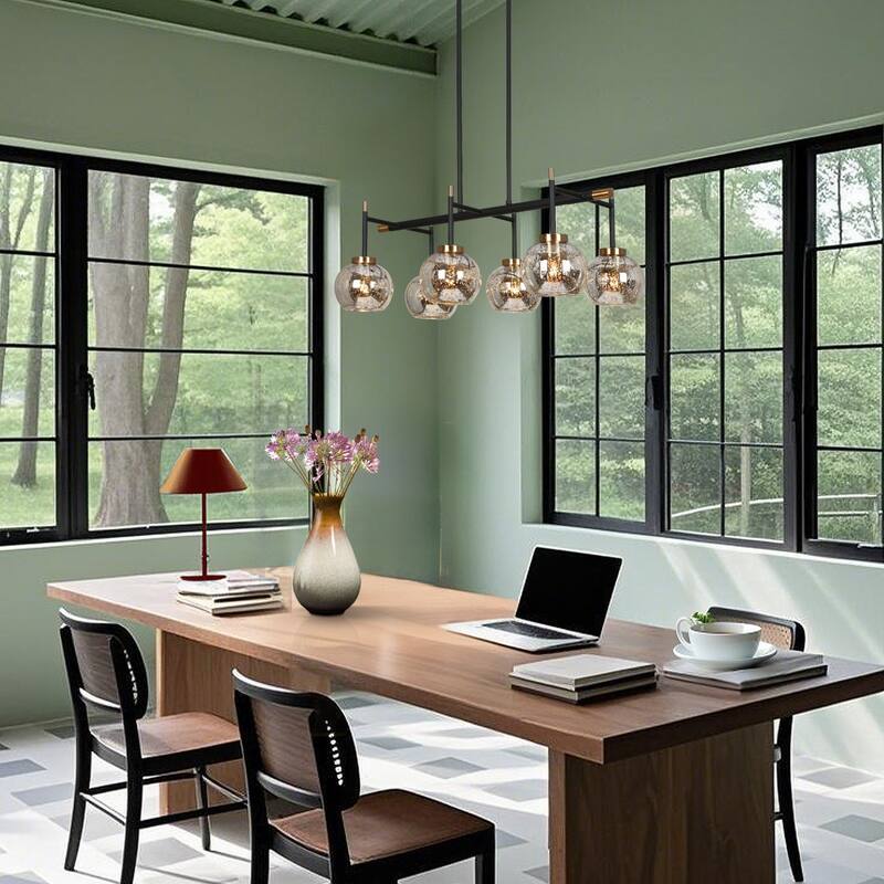 Modern Farmhouse 6-Light Black Gold Linear Chandelier Island Lights with Mercury Glass - 27.5" L x 14.5" W x 10" H