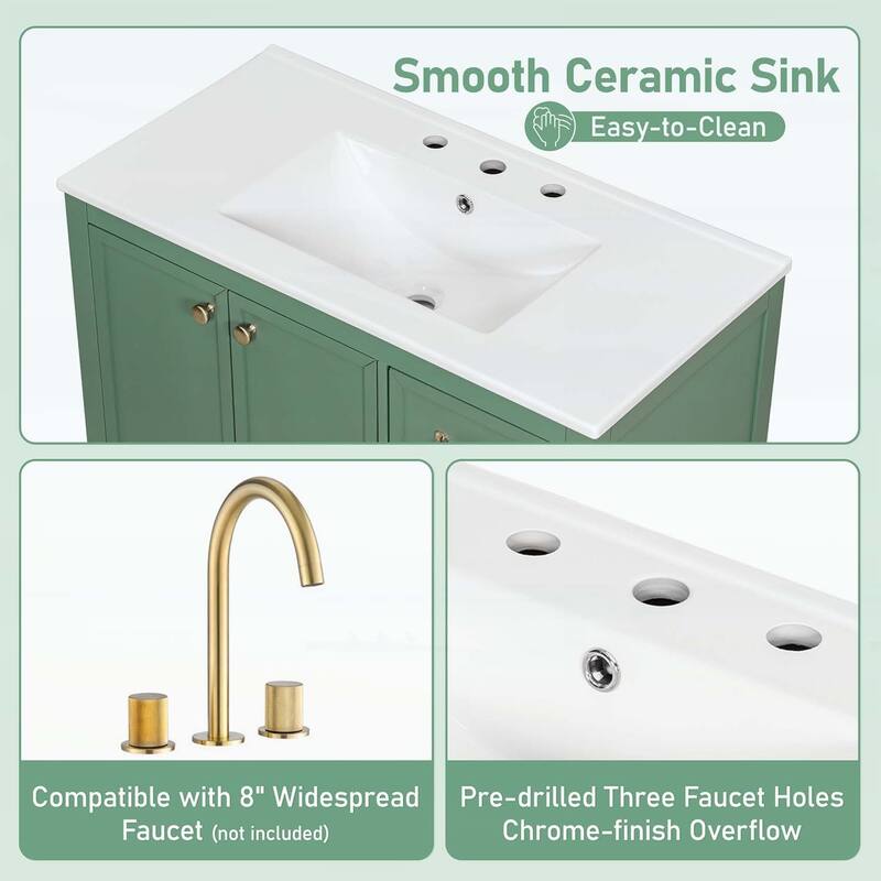 36-Inch Bathroom Vanity with Soft-Closing Drawers,Ceramic Sink,and Wood Frame