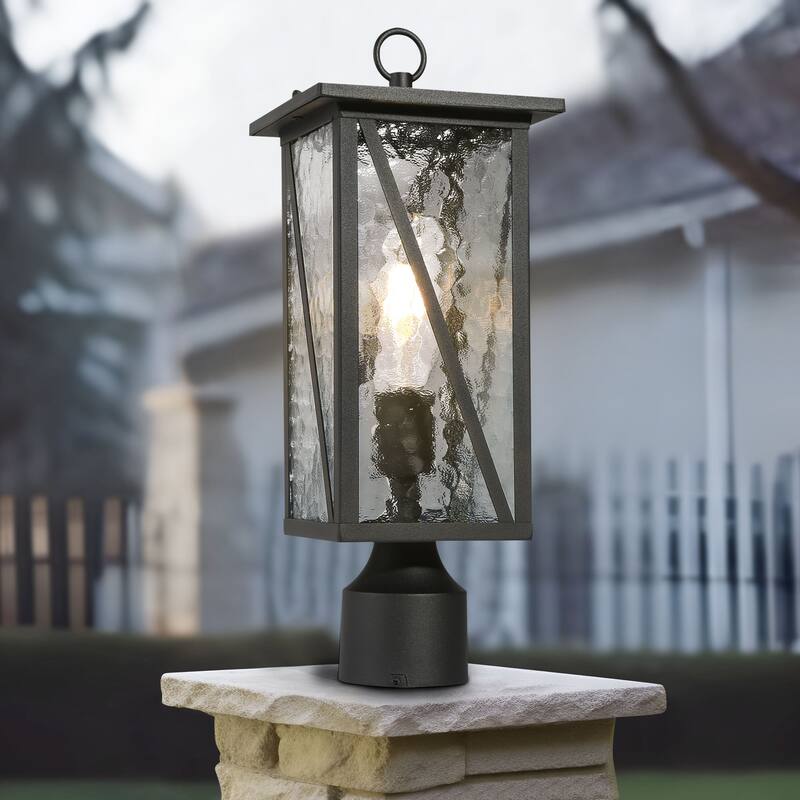 Modern Farmhouse Black 1-Light Outdoor Wall Sconces Glass Post Pendant Lights - W6.7" x H16.5"   - Post Lamp