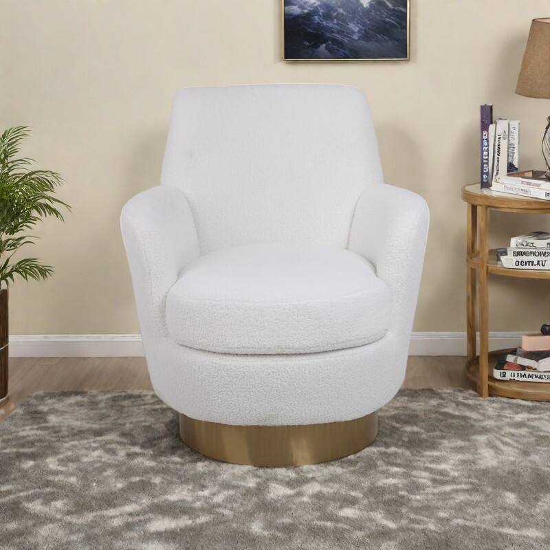 Faux Fur Swivel Barrel Chair with Gold Base, 360° Rotation and High-Density Foam Seat - Ivory