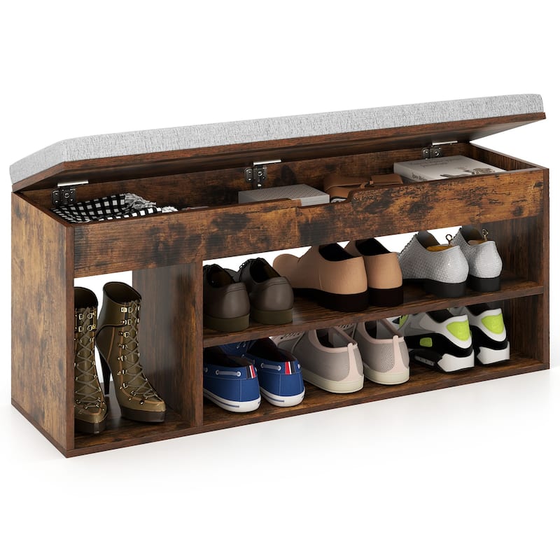Engineered Wood Shoe Bench with Cushion and Storage Shelves - 41" x 12" x 20.5" (L x W x H) - Brown