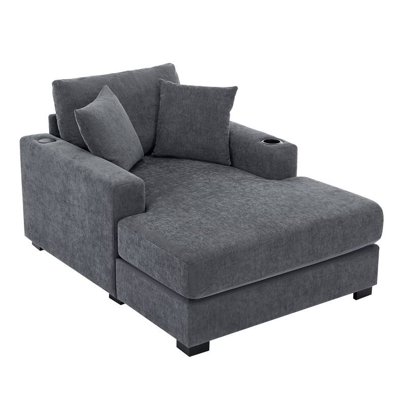 Chenille Fabric Oversized Chaise Lounger, 39.7''/43.5''/55'' Chair Bed Sofa Couch with Pillows, Charge Station & Cup Holders
