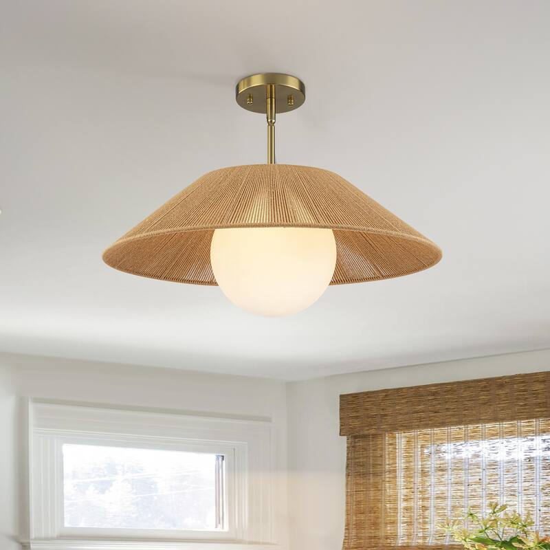 1-Light Farmhouse Globe Dome Pendant Light with Cotton Shade - Brass