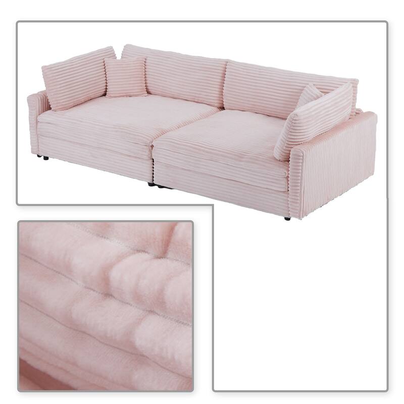 Classic Stylish Corduroy Fabric Upholstered Three-Seater Sofa with Two Throw Pillows