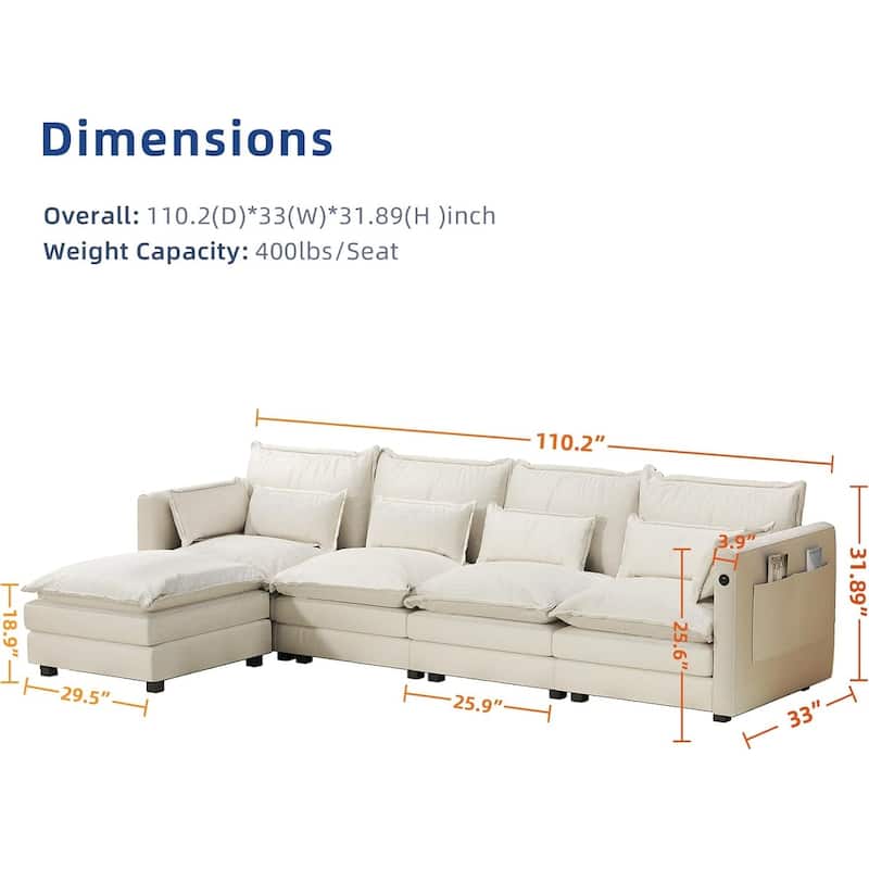 Modular Sectional Sofa L Shaped Couch, 3/4 Seat Sofa Set with Ottoman, Chenille Fabric