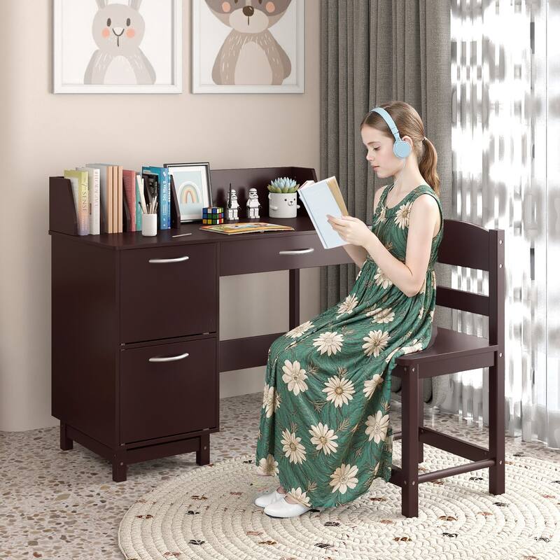 Gymax Kids Study Desk & Chair Set w/Chair 2 Storage Cabinets Drawer 4