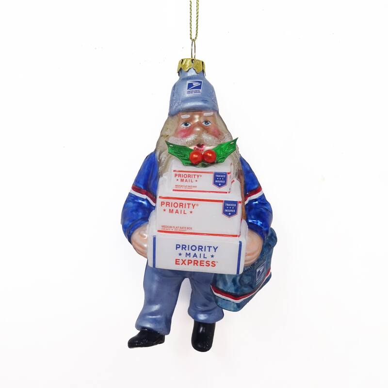 Busy Santa USPS "Priority Mail" Carrier Glass Christmas Ornament - 6" - Blue