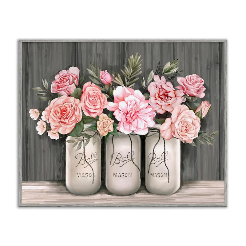 Stupell Blossoming Pink Rose Bouquets Rustic Country Jars Framed Wall Art