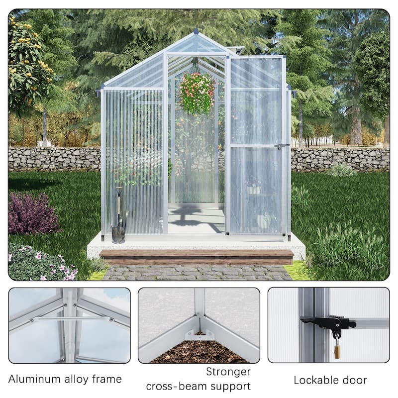 Aoodor 6' x 8' Walk-in Polycarbonate Greenhouse with Roof Vent and Door lock