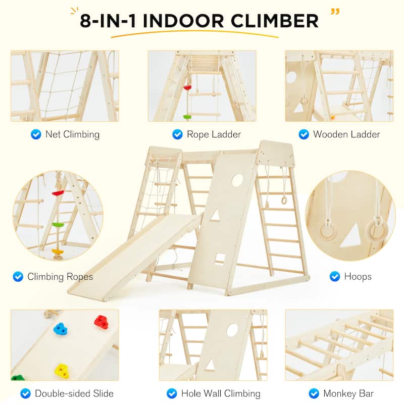 EROMMY 8-in-1 Wooden Climbing Gym for Kids - Indoor Playground Set with Slide, Monkey Bars, Climbing Wall, Wood & Rope Ladder