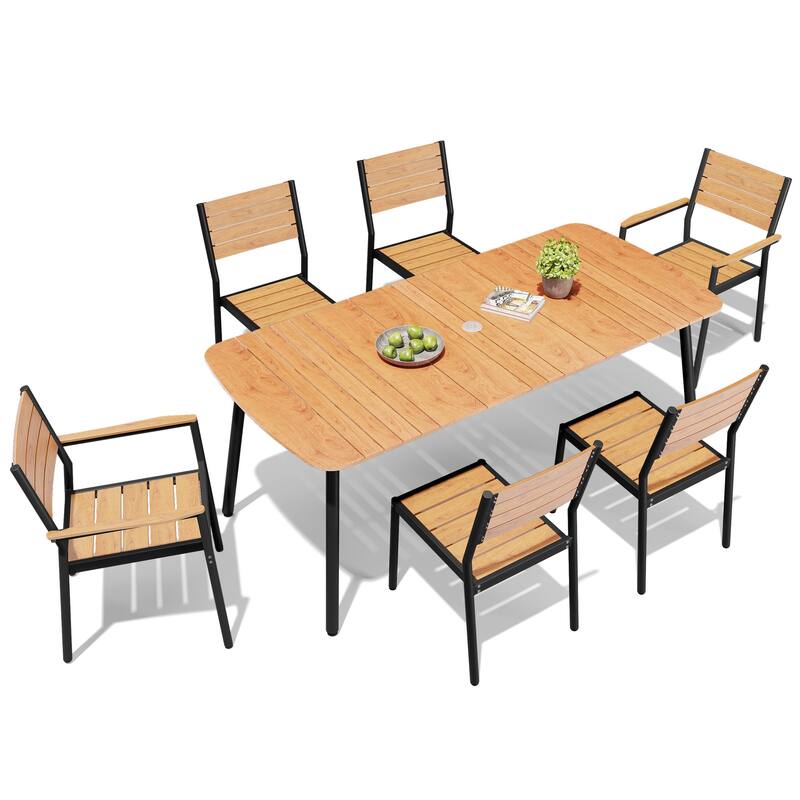 Outdoor 7/9-Piece Patio Dining Set Rectangular Dining Table with Stackable Chairs - Brown - Set of 7 - 70.9 inches
