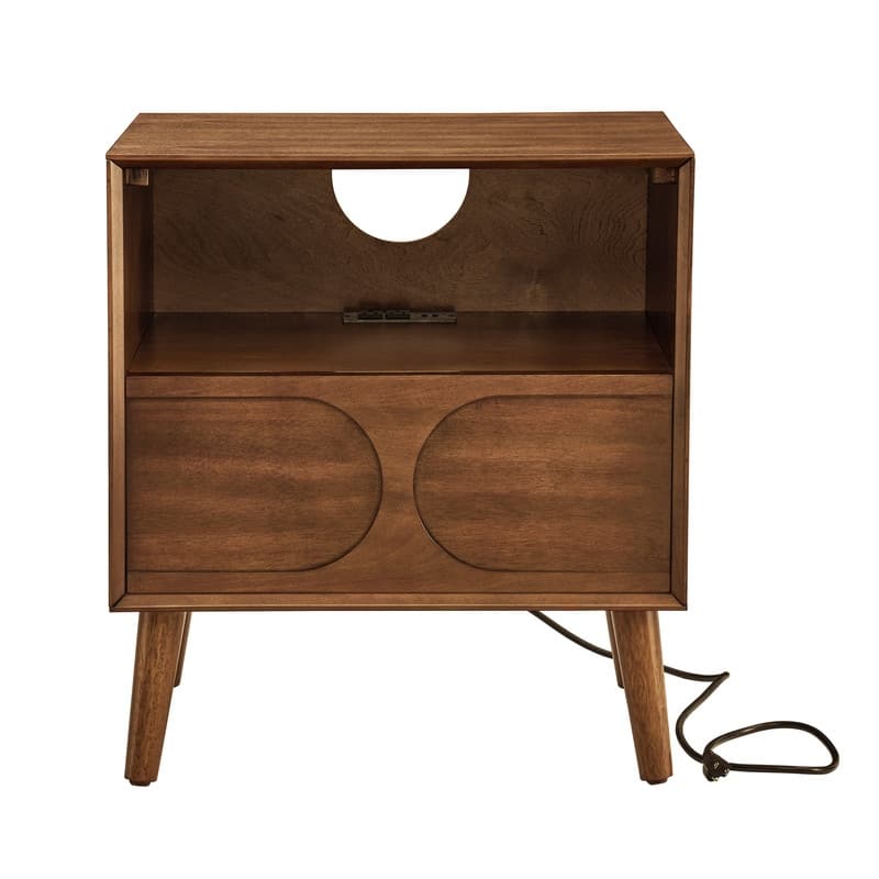Walnut Mid-Century Modern Nightstand with USB Charging, Drawer & Open Shelf