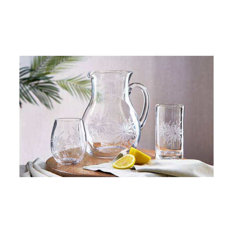 Fleur Etched Glass Clear Glass Tumbler, 3.0"L x 3.0"W x 5.5"H, 17 oz