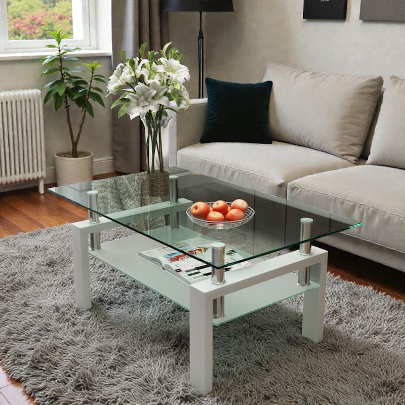 Rectangle Glass Coffee Table with Storage Shelf, Modern Clear Glass Coffee Table with Metal Frame - White