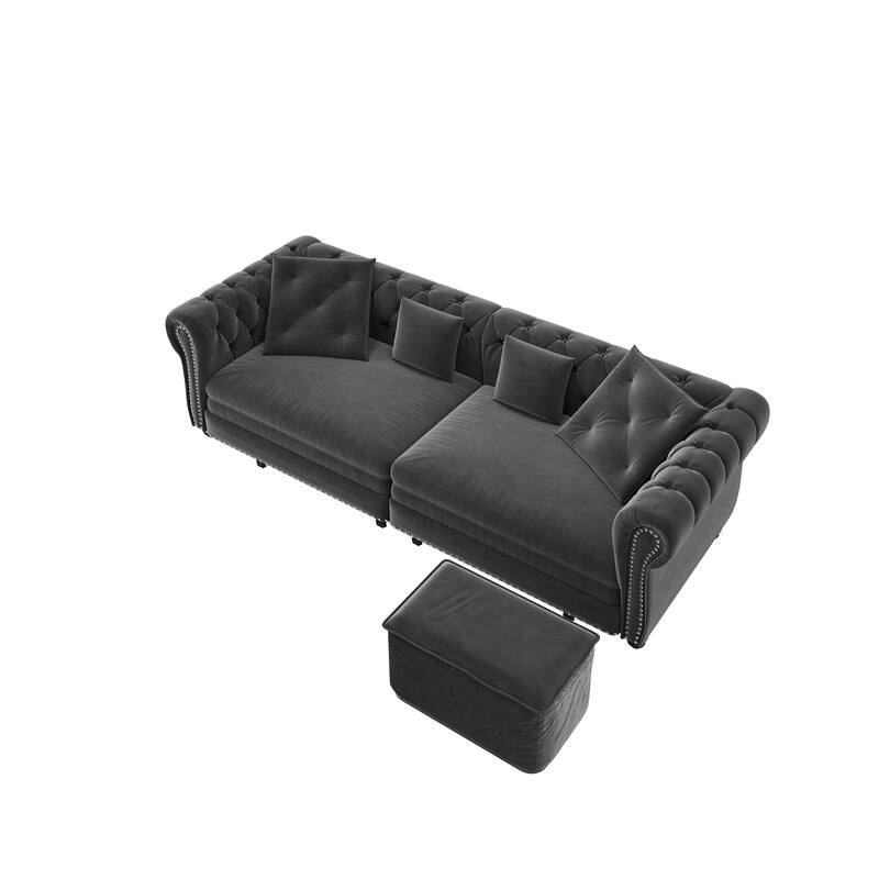89" Chesterfield Pull Out Sofa Bed - Velvet 3-in-1 Convertible Sleeper with Chaise & Ottoman, King Size Sleeper Sofa