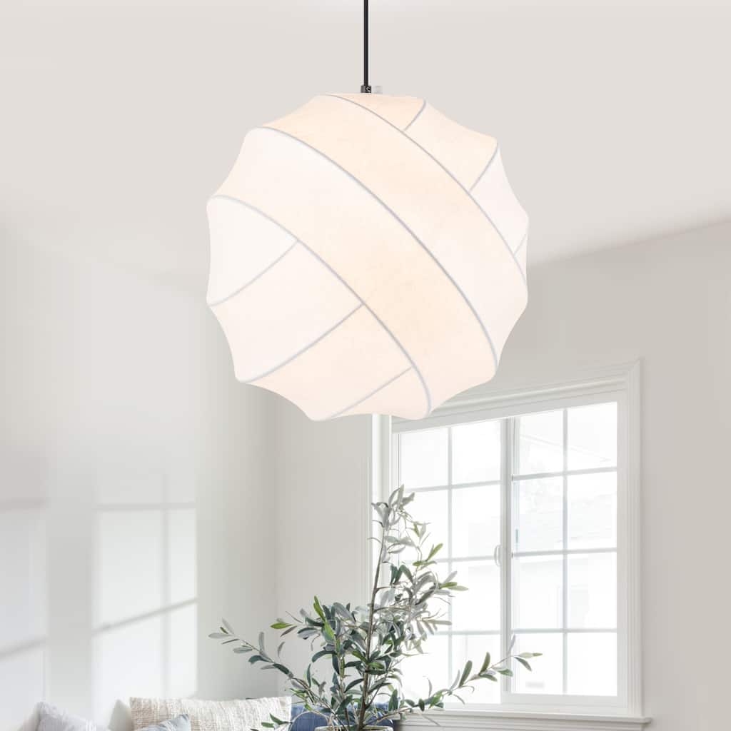 Modern Matte Black Pendant Light with Soccer Ball Silk Shade - Dia.15.75-in