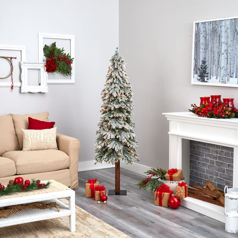 6' Pre-Lit Flocked Grand Alpine Artificial Christmas Tree, Clear LED Lights - 6 Foot
