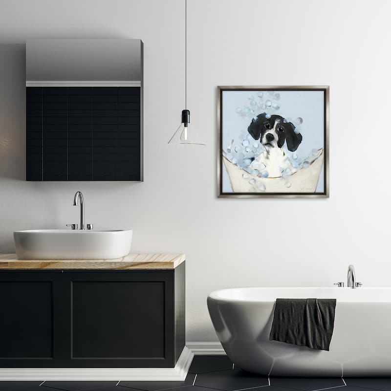 Stupell Black & White Puppy in Tub Framed Floater Canvas Wall Art Design By Sally Swatland