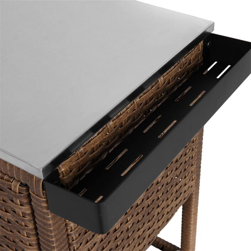 Rolling Rattan Bar Cart with Stainless Steel Table Top for Garden