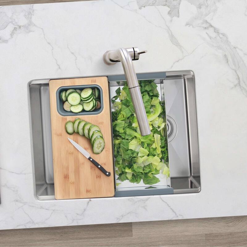 AZUNI 16.75 inch Workstation Sink Bamboo Cutting Board set with 1 Collapsible Container - 16.75" x 8.5"